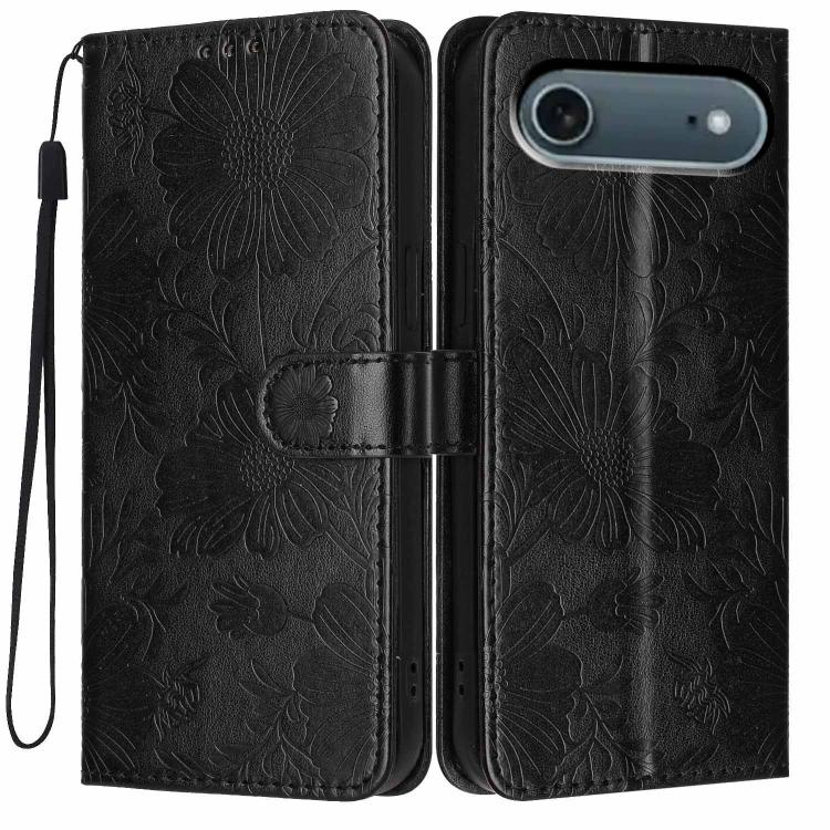 Sonnenblumen-Prägung vegane Leder-Handyhülle mit kleinem schwarzem Seil, Für iPhone 16e / 17e, Für iPhone 17 Pro Max, Für iPhone 17 Pro, Für iPhone 17, Für iPhone Air, Für iPhone 16 Pro Max, Für iPhone 16 Pro, Für iPhone 16 Plus