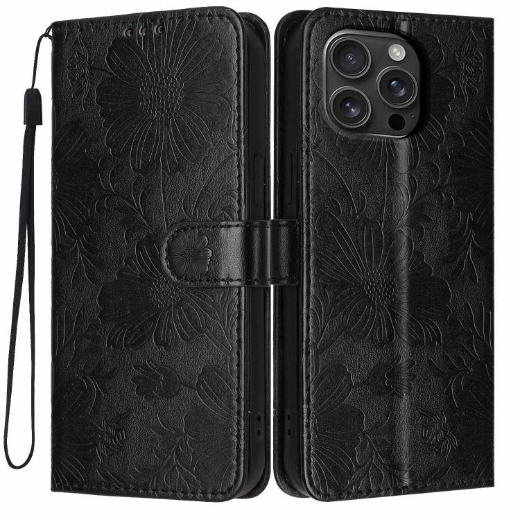 Sonnenblumen-Prägung vegane Leder-Handyhülle mit kleinem schwarzem Seil, Für iPhone 16e / 17e, Für iPhone 17 Pro Max, Für iPhone 17 Pro, Für iPhone 17, Für iPhone Air, Für iPhone 16 Pro Max, Für iPhone 16 Pro, Für iPhone 16 Plus
