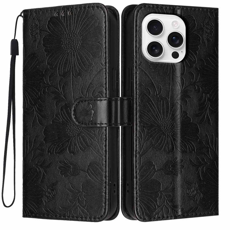 Sonnenblumen-Prägung vegane Leder-Handyhülle mit kleinem schwarzem Seil, Für iPhone 16e / 17e, Für iPhone 17 Pro Max, Für iPhone 17 Pro, Für iPhone 17, Für iPhone Air, Für iPhone 16 Pro Max, Für iPhone 16 Pro, Für iPhone 16 Plus