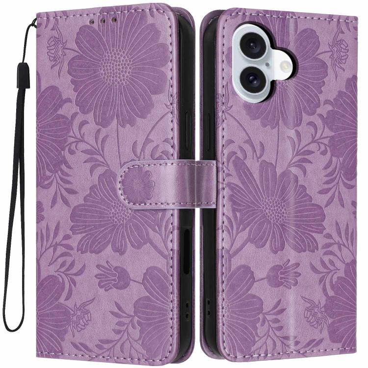 Sonnenblumen-Prägung vegane Leder-Handyhülle mit kleinem schwarzem Seil, Für iPhone 16e / 17e, Für iPhone 17 Pro Max, Für iPhone 17 Pro, Für iPhone 17, Für iPhone Air, Für iPhone 16 Pro Max, Für iPhone 16 Pro, Für iPhone 16 Plus