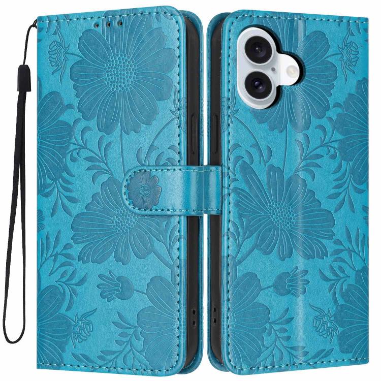 Sonnenblumen-Prägung vegane Leder-Handyhülle mit kleinem schwarzem Seil, Für iPhone 16e / 17e, Für iPhone 17 Pro Max, Für iPhone 17 Pro, Für iPhone 17, Für iPhone Air, Für iPhone 16 Pro Max, Für iPhone 16 Pro, Für iPhone 16 Plus