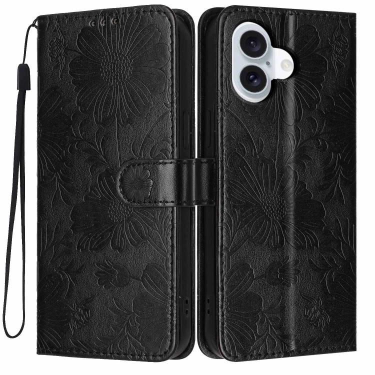 Sonnenblumen-Prägung vegane Leder-Handyhülle mit kleinem schwarzem Seil, Für iPhone 16e / 17e, Für iPhone 17 Pro Max, Für iPhone 17 Pro, Für iPhone 17, Für iPhone Air, Für iPhone 16 Pro Max, Für iPhone 16 Pro, Für iPhone 16 Plus