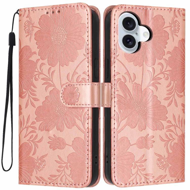 Sonnenblumen-Prägung vegane Leder-Handyhülle mit kleinem schwarzem Seil, Für iPhone 16, Für iPhone 15 Pro Max, Für iPhone 15 Pro, Für iPhone 15 Plus, Für iPhone 15, Für iPhone 14 Plus, Für iPhone 14, Für iPhone 14 Pro