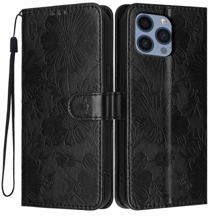 Sonnenblumen-Prägung vegane Leder-Handyhülle mit kleinem schwarzem Seil, Für iPhone 14 Pro Max, Für iPhone 13 Pro Max, Für iPhone 13 Pro, Für iPhone 13, Für iPhone 12 / 12 Pro, Für iPhone 12 Pro Max, Für iPhone 11 Pro Max, Für iPhone 11