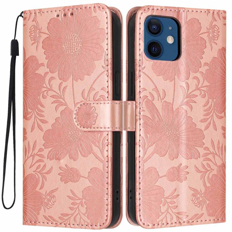 Sonnenblumen-Prägung vegane Leder-Handyhülle mit kleinem schwarzem Seil, Für iPhone 14 Pro Max, Für iPhone 13 Pro Max, Für iPhone 13 Pro, Für iPhone 13, Für iPhone 12 / 12 Pro, Für iPhone 12 Pro Max, Für iPhone 11 Pro Max, Für iPhone 11
