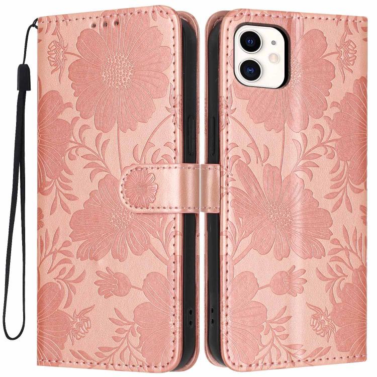 Sonnenblumen-Prägung vegane Leder-Handyhülle mit kleinem schwarzem Seil, Für iPhone 14 Pro Max, Für iPhone 13 Pro Max, Für iPhone 13 Pro, Für iPhone 13, Für iPhone 12 / 12 Pro, Für iPhone 12 Pro Max, Für iPhone 11 Pro Max, Für iPhone 11
