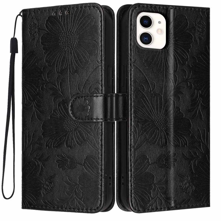 Sonnenblumen-Prägung vegane Leder-Handyhülle mit kleinem schwarzem Seil, Für iPhone 14 Pro Max, Für iPhone 13 Pro Max, Für iPhone 13 Pro, Für iPhone 13, Für iPhone 12 / 12 Pro, Für iPhone 12 Pro Max, Für iPhone 11 Pro Max, Für iPhone 11