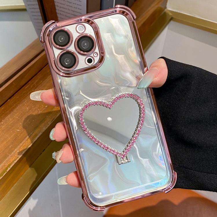 Herzförmige Spiegel-Elektroplattierte TPU + Acryl Handyhülle mit Halter, Für iPhone 15 Pro Max, Für iPhone 15 Pro, Für iPhone 15 Plus, Für iPhone 15, Für iPhone 14 Plus, Für iPhone 14, Für iPhone 14 Pro, Für iPhone 14 Pro Max, Für iPhone 13 Pro Max