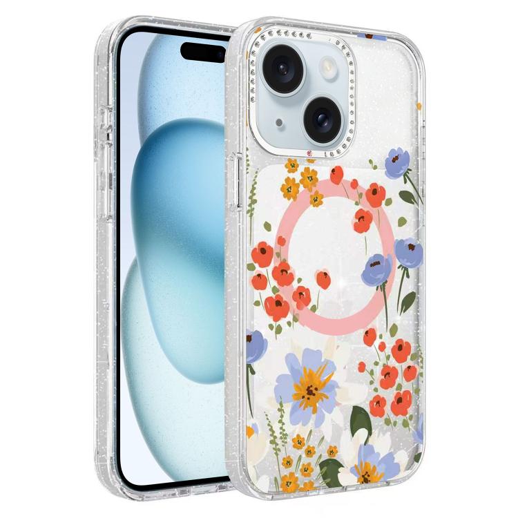 Flower Pattern IMD Glitter Magnetic Phone Case, For iPhone 15 Pro Max, For iPhone 15 Pro, For iPhone 15