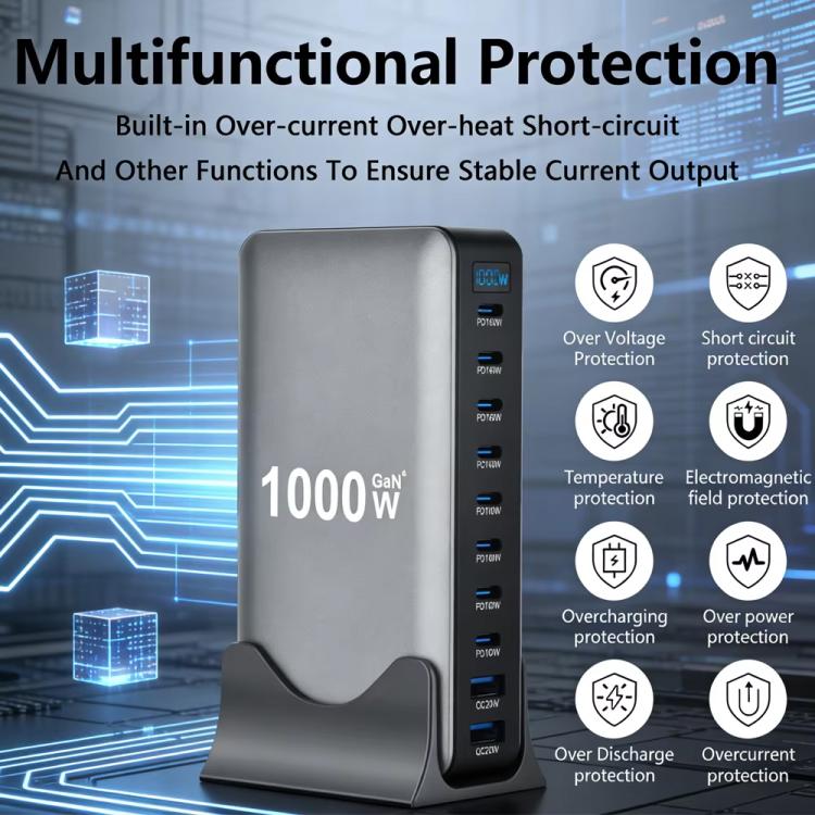 YMX-1000W 1000W 8 x Type-C Anschlüsse und 2 x USB 10 Ports Digitalanzeige Multifunktionsladegerät, AU-Stecker, EU-Stecker, UK-Stecker, US-Stecker