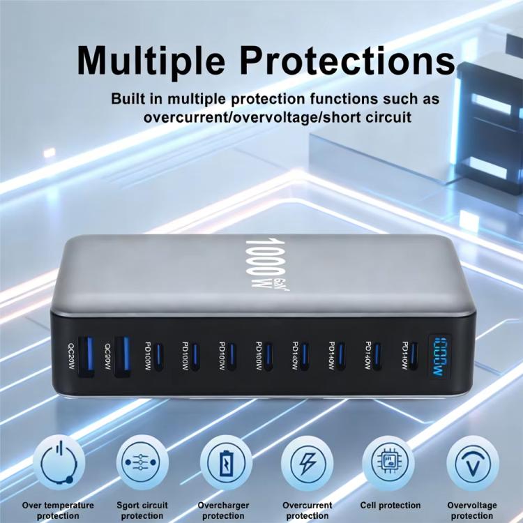 YMX-1000W 1000W 8 x Type-C Anschlüsse und 2 x USB 10 Ports Digitalanzeige Multifunktionsladegerät, AU-Stecker, EU-Stecker, UK-Stecker, US-Stecker
