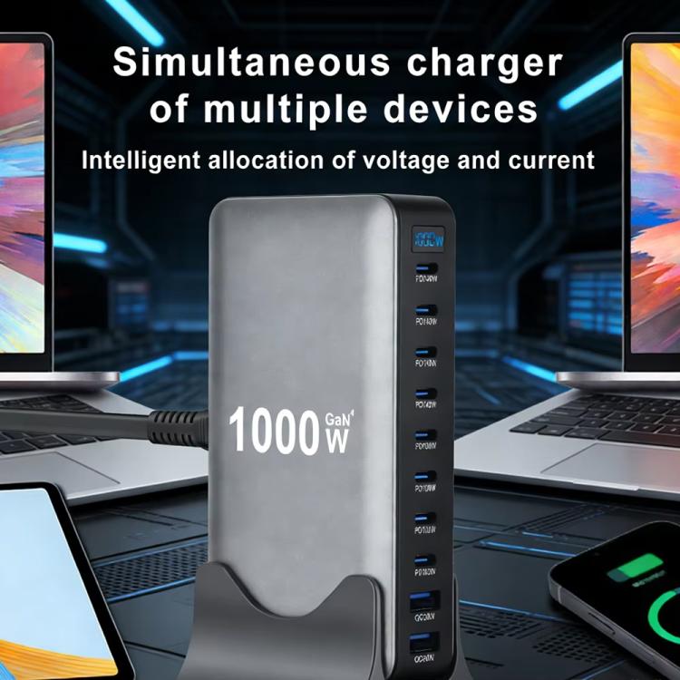 YMX-1000W 1000W 8 x Type-C Anschlüsse und 2 x USB 10 Ports Digitalanzeige Multifunktionsladegerät, AU-Stecker, EU-Stecker, UK-Stecker, US-Stecker