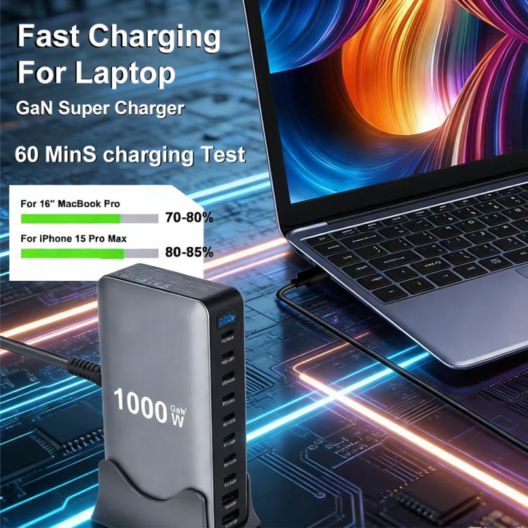 YMX-1000W 1000W 8 x Type-C Anschlüsse und 2 x USB 10 Ports Digitalanzeige Multifunktionsladegerät, AU-Stecker, EU-Stecker, UK-Stecker, US-Stecker