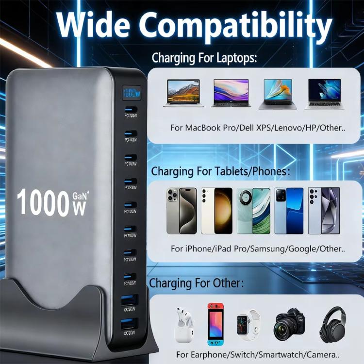 YMX-1000W 1000W 8 x Type-C Anschlüsse und 2 x USB 10 Ports Digitalanzeige Multifunktionsladegerät, AU-Stecker, EU-Stecker, UK-Stecker, US-Stecker