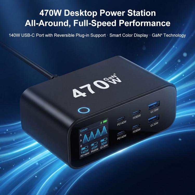 YMX-615-LCD470W 4xType-C und 2xUSB 470W GaN Multifunktionsladegerät, AU-Stecker, EU-Stecker, UK-Stecker, US-Stecker