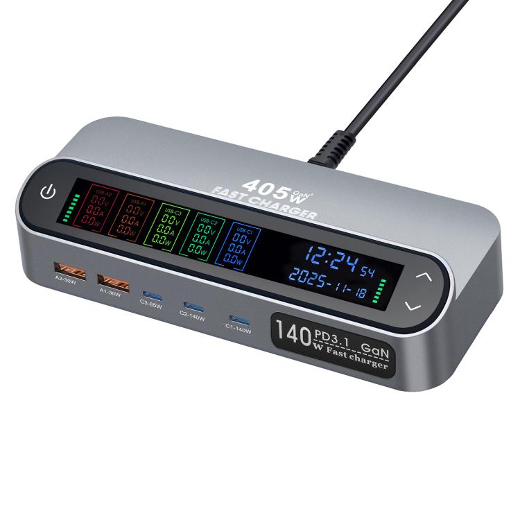 YMX-LCD405W 405W 3xType-C und 2xUSB GaN Intelligentes Digitalanzeige Multifunktionsladegerät, AU-Stecker, EU-Stecker, UK-Stecker, US-Stecker