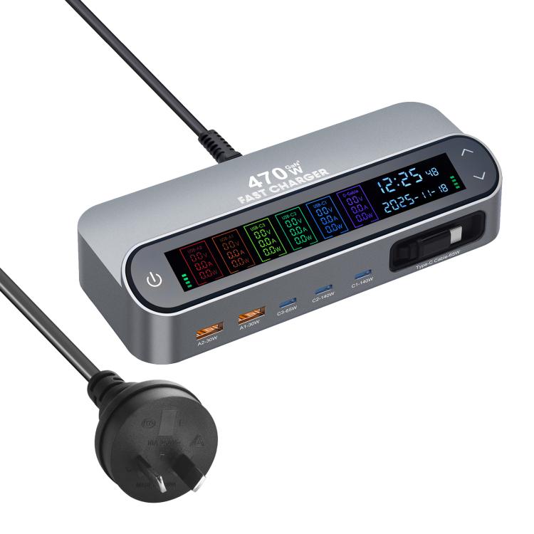 YMX-LCD470W 470W 3xType-C und 2xUSB GaN Smart Digital Display Multifunktionsladegerät mit Type-C einziehbarem Kabel, AU-Stecker, EU-Stecker, UK-Stecker, US-Stecker