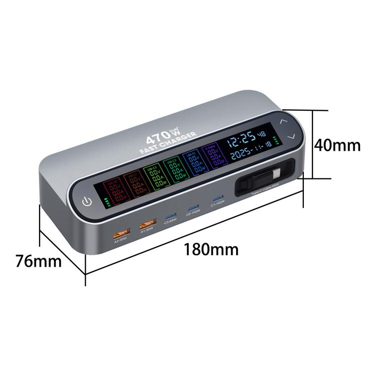 YMX-LCD470W 470W 3xType-C und 2xUSB GaN Smart Digital Display Multifunktionsladegerät mit Type-C einziehbarem Kabel, AU-Stecker, EU-Stecker, UK-Stecker, US-Stecker