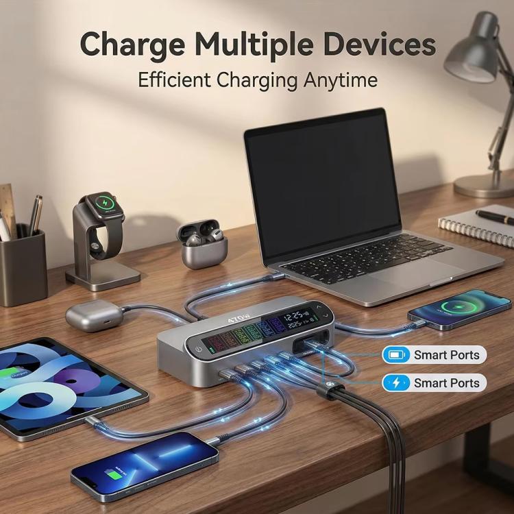 YMX-LCD470W 470W 3xType-C und 2xUSB GaN Smart Digital Display Multifunktionsladegerät mit Type-C einziehbarem Kabel, AU-Stecker, EU-Stecker, UK-Stecker, US-Stecker