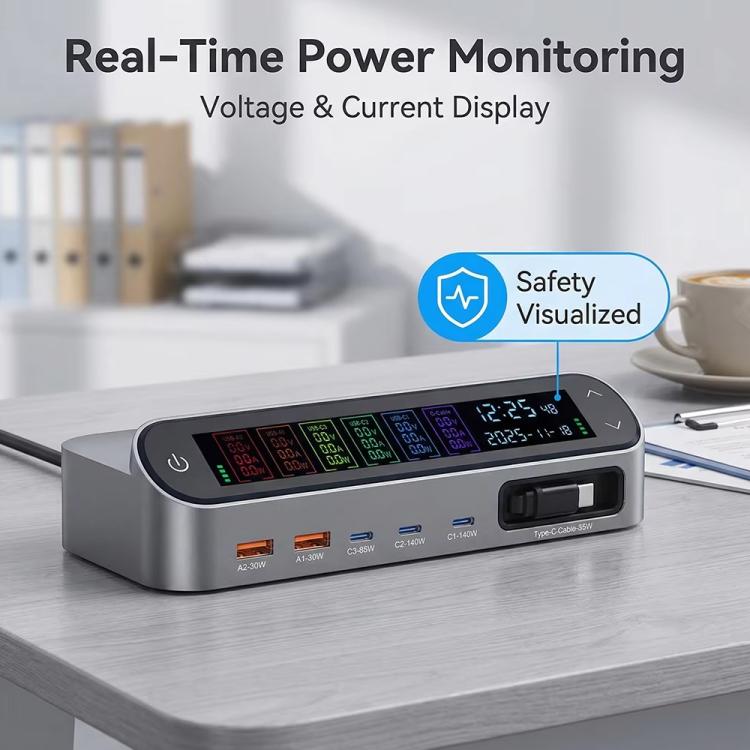 YMX-LCD470W 470W 3xType-C und 2xUSB GaN Smart Digital Display Multifunktionsladegerät mit Type-C einziehbarem Kabel, AU-Stecker, EU-Stecker, UK-Stecker, US-Stecker