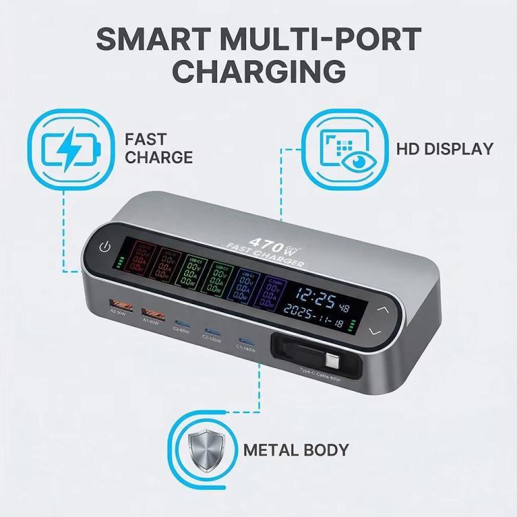 YMX-LCD470W 470W 3xType-C und 2xUSB GaN Smart Digital Display Multifunktionsladegerät mit Type-C einziehbarem Kabel, AU-Stecker, EU-Stecker, UK-Stecker, US-Stecker