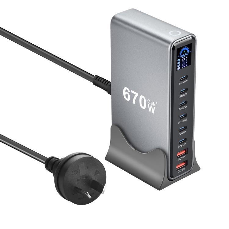 YMX-LCD670W 670W 6xType-C und 2xUSB GaN Digital Display Multifunktionsladegerät, AU-Stecker, EU-Stecker, UK-Stecker, US-Stecker