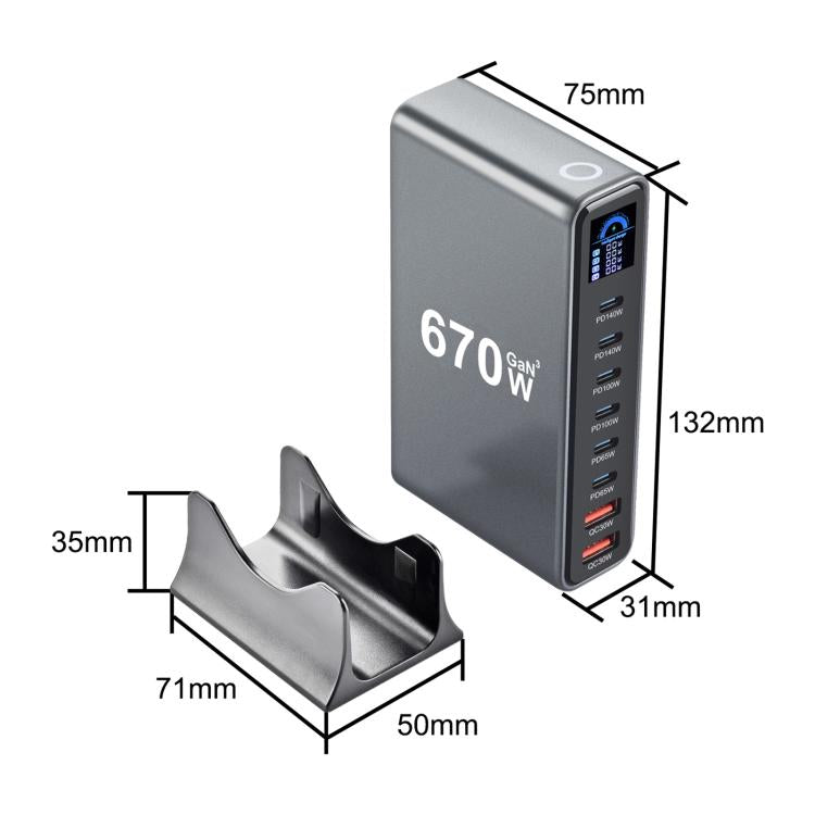 YMX-LCD670W 670W 6xType-C und 2xUSB GaN Digital Display Multifunktionsladegerät, AU-Stecker, EU-Stecker, UK-Stecker, US-Stecker