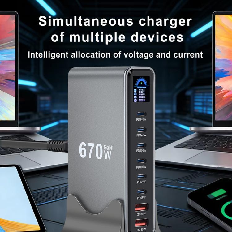 YMX-LCD670W 670W 6xType-C und 2xUSB GaN Digital Display Multifunktionsladegerät, AU-Stecker, EU-Stecker, UK-Stecker, US-Stecker