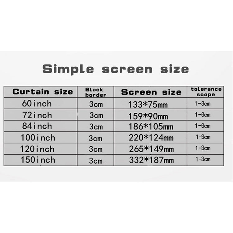 Einfache faltbare dünne Polyester Projektorleinwand, 60 Zoll (16:9) Projektionsfläche: 132x75cm, 60 Zoll (4:3) Projektionsfläche: 120x90cm, 72 Zoll (16:9) Projektionsfläche: 159x90cm, 72 Zoll (4:3) Projektionsfläche: 146x110cm