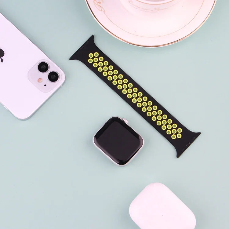Elastisches Silikon-Armband für Apple Watch Series 6 &amp; SE &amp; 5 &amp; 4 40 mm / 3 &amp; 2 &amp; 1 38 mm, 135 mm (Schwarz/Gelb), 135 mm (Schwarz/Grau), 150 mm (Rot/Schwarz)