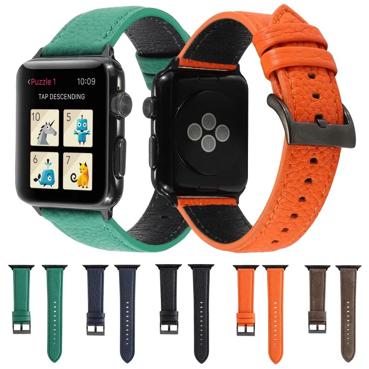 Armband aus echtem Leder mit Litschi-Textur für Apple Watch Series 6, SE, 5 und 4 (44 mm) sowie 3, 2 und 1 (42 mm) und 7 (45 mm).