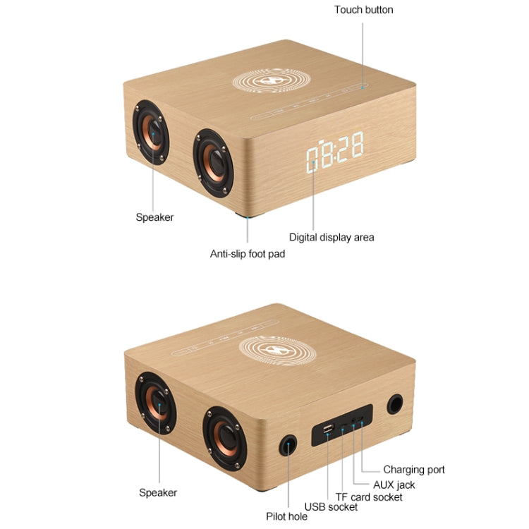 Q5A Multifunktionale kabellose Touch-Holzuhr mit Bluetooth-Lautsprecher und Ladefunktion, unterstützt TF-Karte & U-Disk & 3,5 mm AUX, Q5A