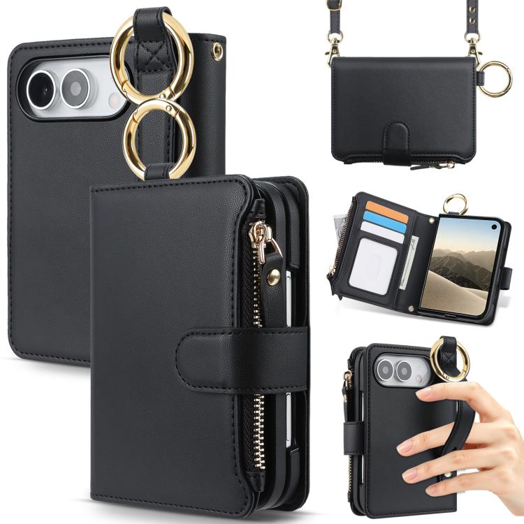 Crossbody Ring Multifunctional Wallet Fold Leather Phone Case, For iPhone Duo