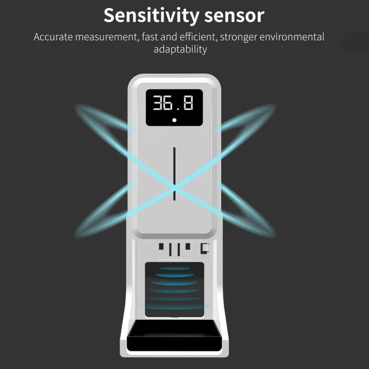 Rehabor A Handsfree Non-contact Body Light-sensitive Distance Sensor Thermometer + 450ml Automatic Non-contact Liquid Soap Spraying Dispenser with Base Mount, Rehabor A