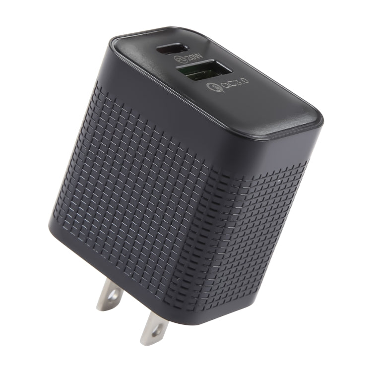 PD 20W USB-C/Type-C+QC 3.0 USB Ports Gittermuster Reise-Ladegerät, US Stecker, US Stecker (Schwarz)