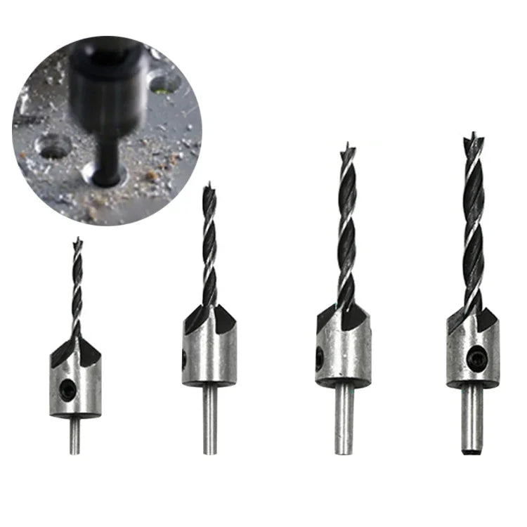 4-in-1 Holzbearbeitung Senker Anfasen Dreipunkt HSS-Bohrer-Set, 3-6mm, 4er-Set