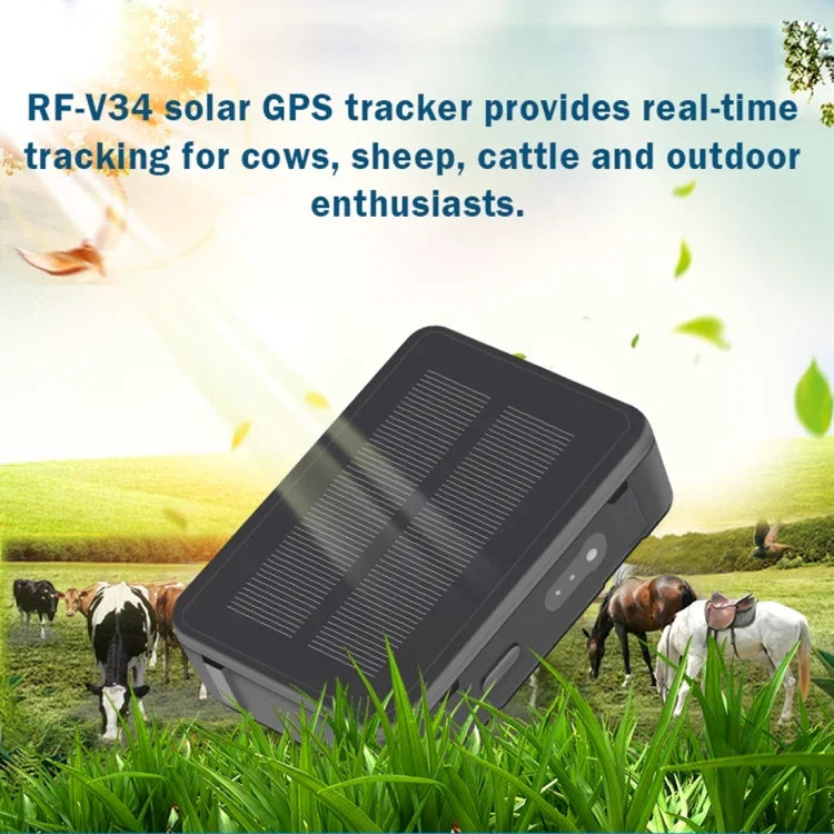 RF-V34 Tierortungssystem für Schafe, Kühe und Rinder (IP67 wasserdicht, Solarbetrieben, GSM, GPS, WLAN) ohne feste Bodenplatte, unterstützt Sprachüberwachung, Diebstahlsicherung und SOS-Funktion, GPS-WLAN-Ortung