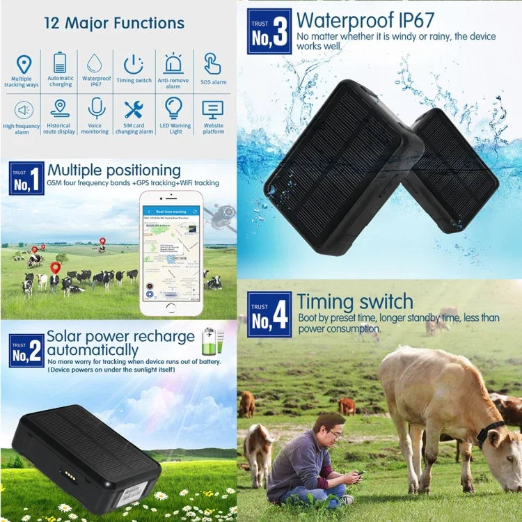 RF-V34 Tierortungssystem für Schafe, Kühe und Rinder (IP67 wasserdicht, Solarbetrieben, GSM, GPS, WLAN) ohne feste Bodenplatte, unterstützt Sprachüberwachung, Diebstahlsicherung und SOS-Funktion, GPS-WLAN-Ortung