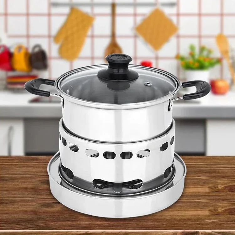 Tragbarer Outdoor-Dochtalkoholkocher aus Edelstahl, kleines Einzelkochtopf-Set, Größe: 14cm