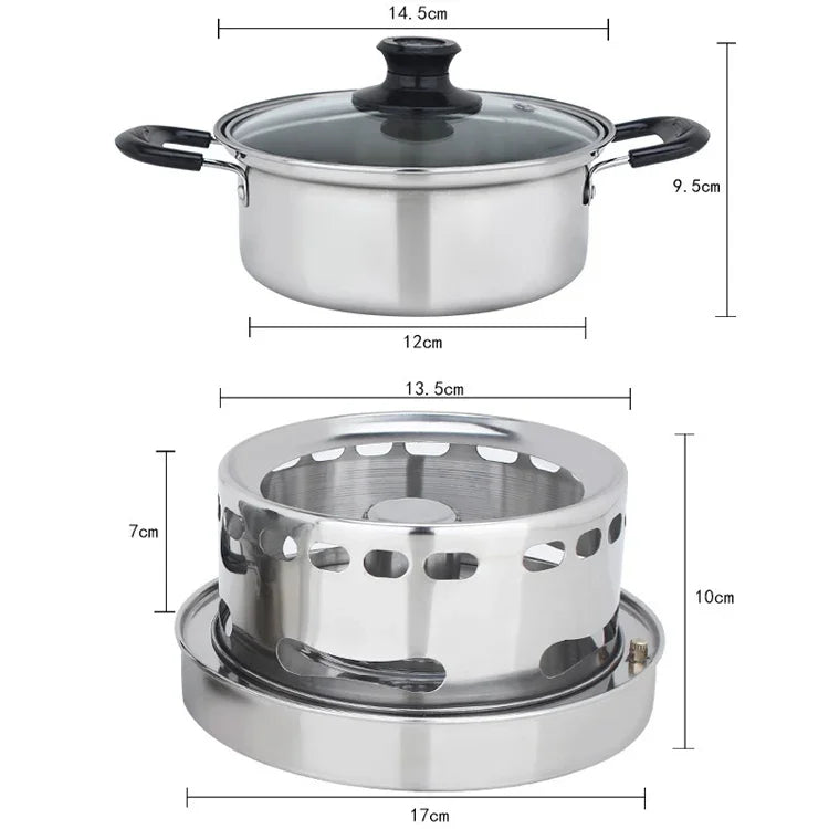 Tragbarer Outdoor-Dochtalkoholkocher aus Edelstahl, kleines Einzelkochtopf-Set, Größe: 14cm