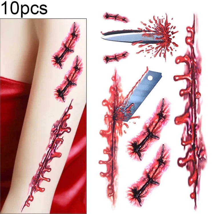 10 Stück S-045 Halloween-Terror-Wunden-Aufkleber mit realistischer Blutverletzung und Narbenmotiv, temporäre Tattoo-Aufkleber, S-045/10 Stück
