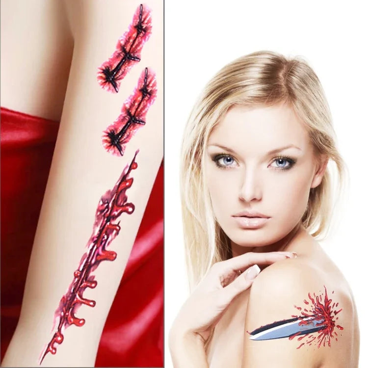 10 Stück S-045 Halloween-Terror-Wunden-Aufkleber mit realistischer Blutverletzung und Narbenmotiv, temporäre Tattoo-Aufkleber, S-045/10 Stück
