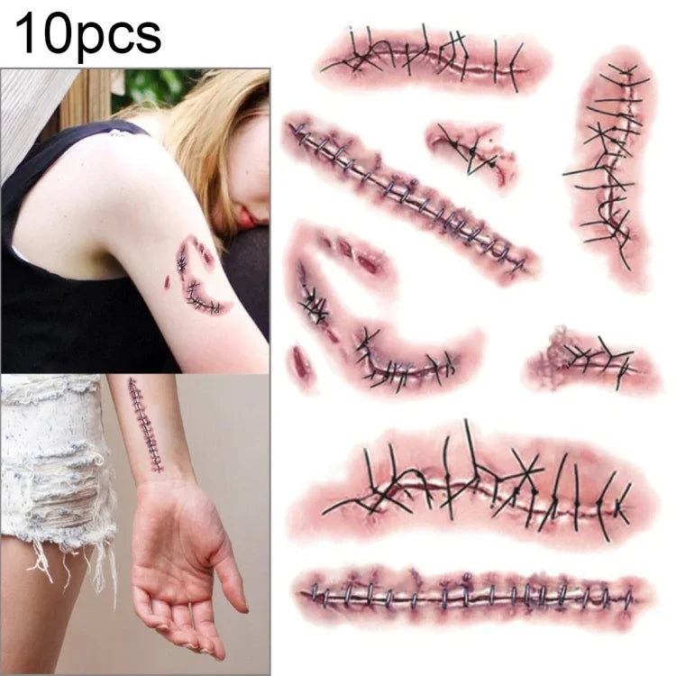10 Stück S-263 Halloween-Terror-Aufkleber mit realistischen Wundnarben, temporäre Tattoos, S-263/10 Stück