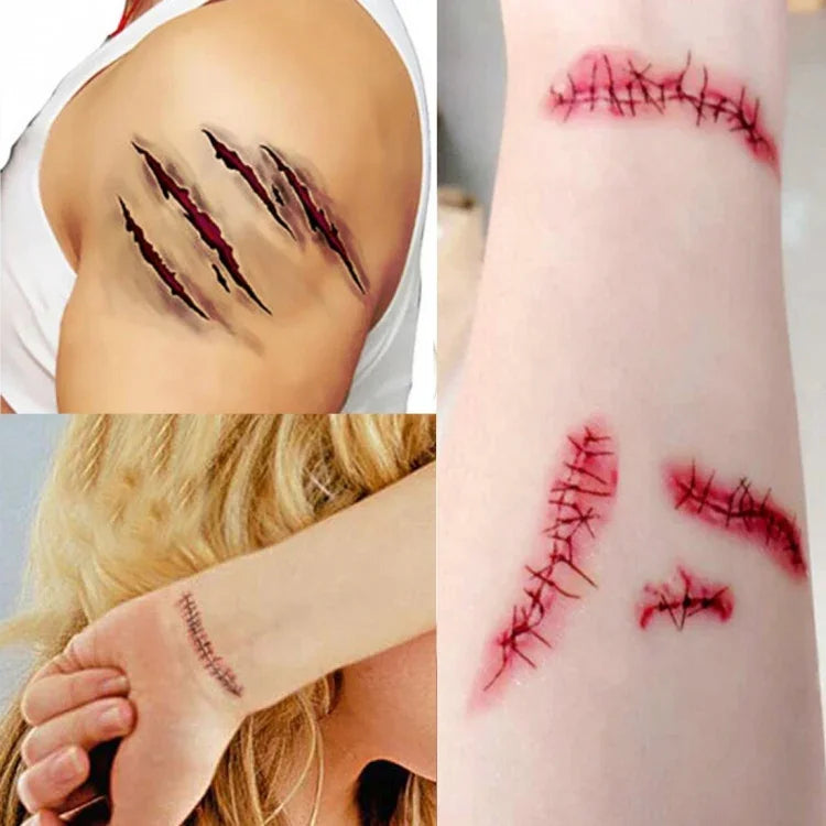 2 Stück V-06 Halloween-Terror-Wunden-Aufkleber mit realistischen Kratzern, Verletzungen und Narben, temporäre Tattoo-Aufkleber, V-06 1/2 Stück