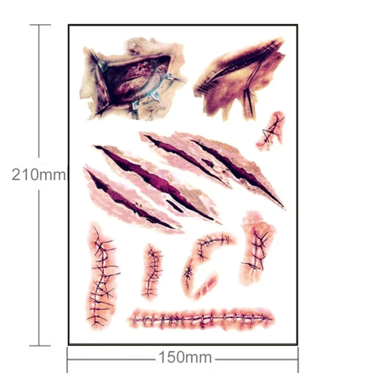 5 Stück V-061 Halloween-Terror-Wunden-Aufkleber mit realistischen Kratzern, Verletzungen und Narben, temporäre Tattoo-Aufkleber, V-061/5 Stück