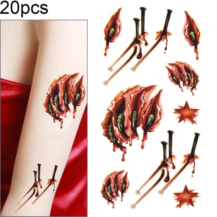 20 Stück S-024 Halloween-Terror-Aufkleber mit realistischen Wunden, Blutspuren, Narben, temporären Tattoos, S-024/20 Stück