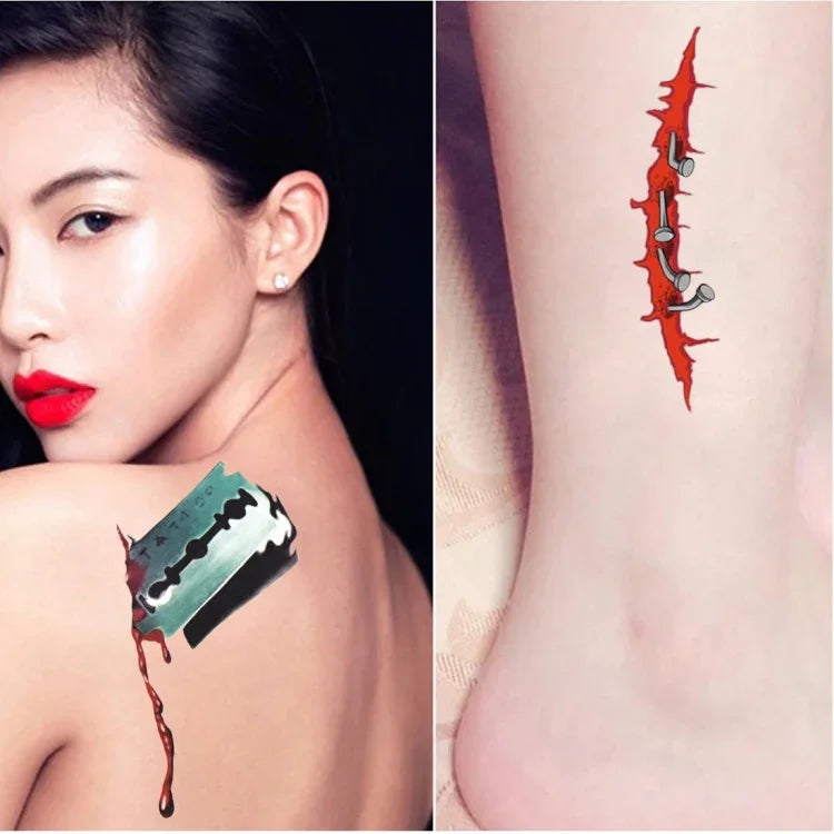 10 Stück S-299 Halloween-Terror-Wunden-Aufkleber mit realistischer Blutverletzung und Narbenmotiv, temporäre Tattoo-Aufkleber, S-299/10 Stück