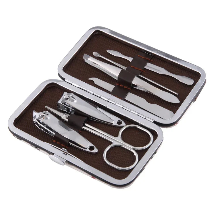 7-teiliges Nagelpflege-Set (Nagelknipser, schräger Nagelknipser, Doppelhaken, Augenbrauenschere, Augenbrauenpinzette, Ohrenschmalzentferner, doppelseitige Nagelfeile) mit Ledertasche, 7 in 1