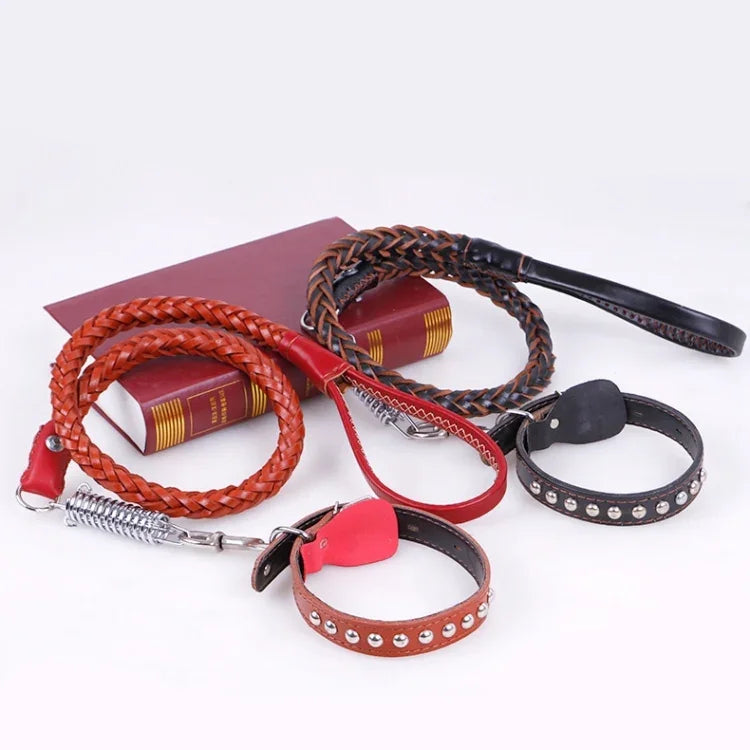 Teleskop-Hundehalsband aus Rindsleder, geeignet für mittelgroße und große Hunde, Größe M, Seillänge: 128 cm, Halsbandgröße: 32–44 cm