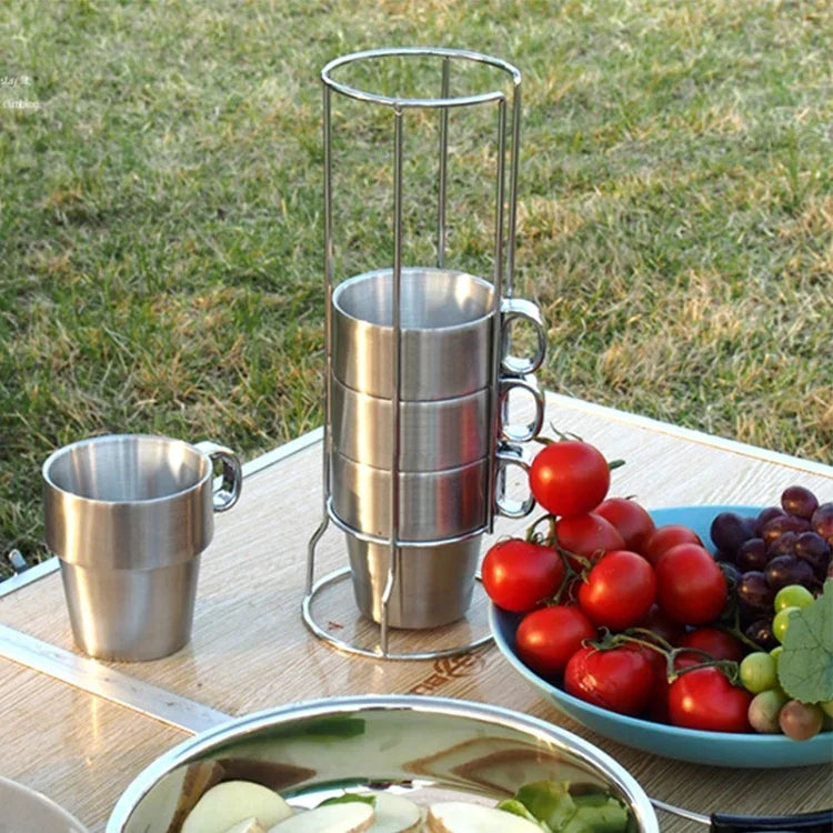 Outdoor tragbare Picknickbecher vierteiliges Set Edelstahl-Trinkbecher Verbrühschutz-Teekaffeetasse, Kaffeetasse